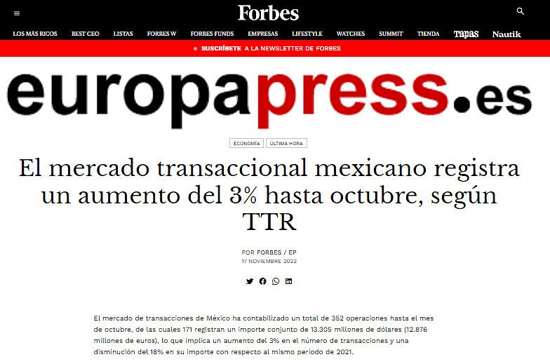 El mercado transaccional mexicano registra un aumento del 3% hasta octubre, según TTR